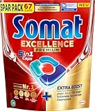 Somat Excellence Premium 5in1 Caps (67 Caps), schnellauflösende Spülmaschinentabs mit Extra Boost, Somat Caps entfernen selbst 72 h eingetrocknete, hartnäckige Essensreste